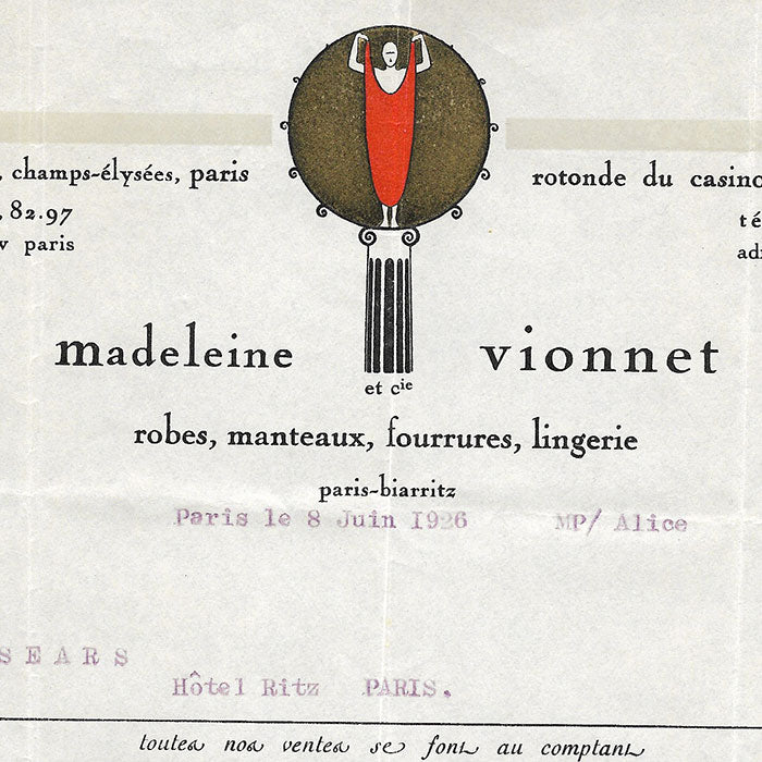 Vionnet - Facture, 50 avenue Montaigne à Paris (8 juin 1926)