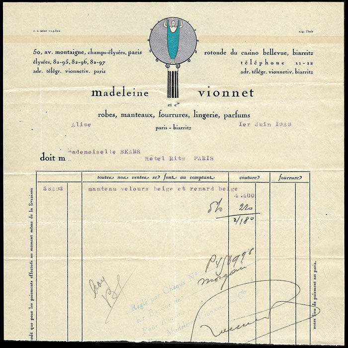 Vionnet - Facture, 50 avenue Montaigne à Paris (1er juin 1928)