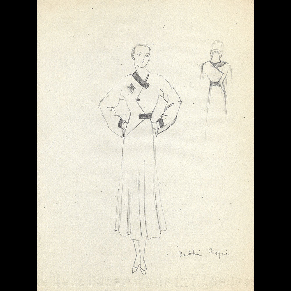 Vionnet - Dessin d'une robe par Berthe Clapin (circa 1930)