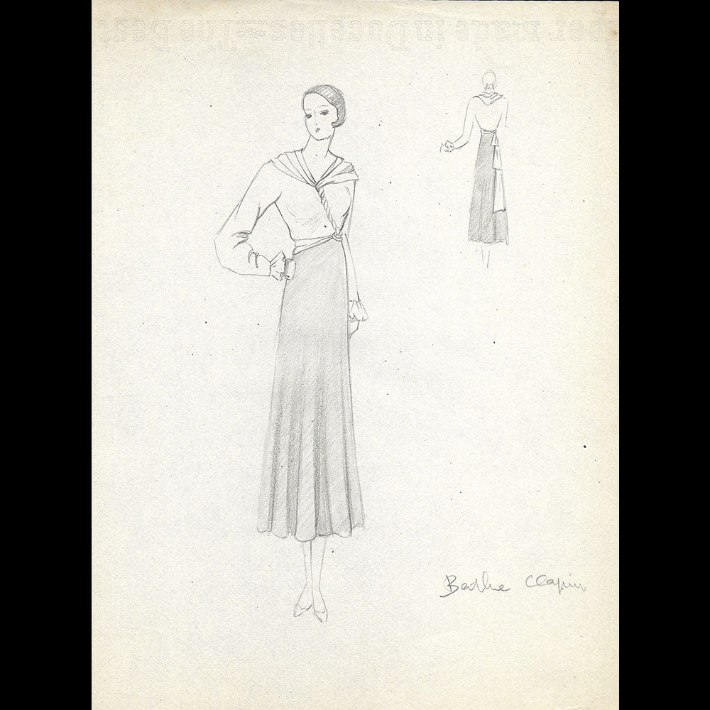 Vionnet - Dessin d'une robe par Berthe Clapin (circa 1930)