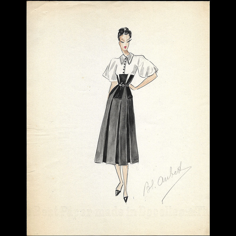 Vionnet - Dessin d'une robe par Blanche Aubert (circa 1939)