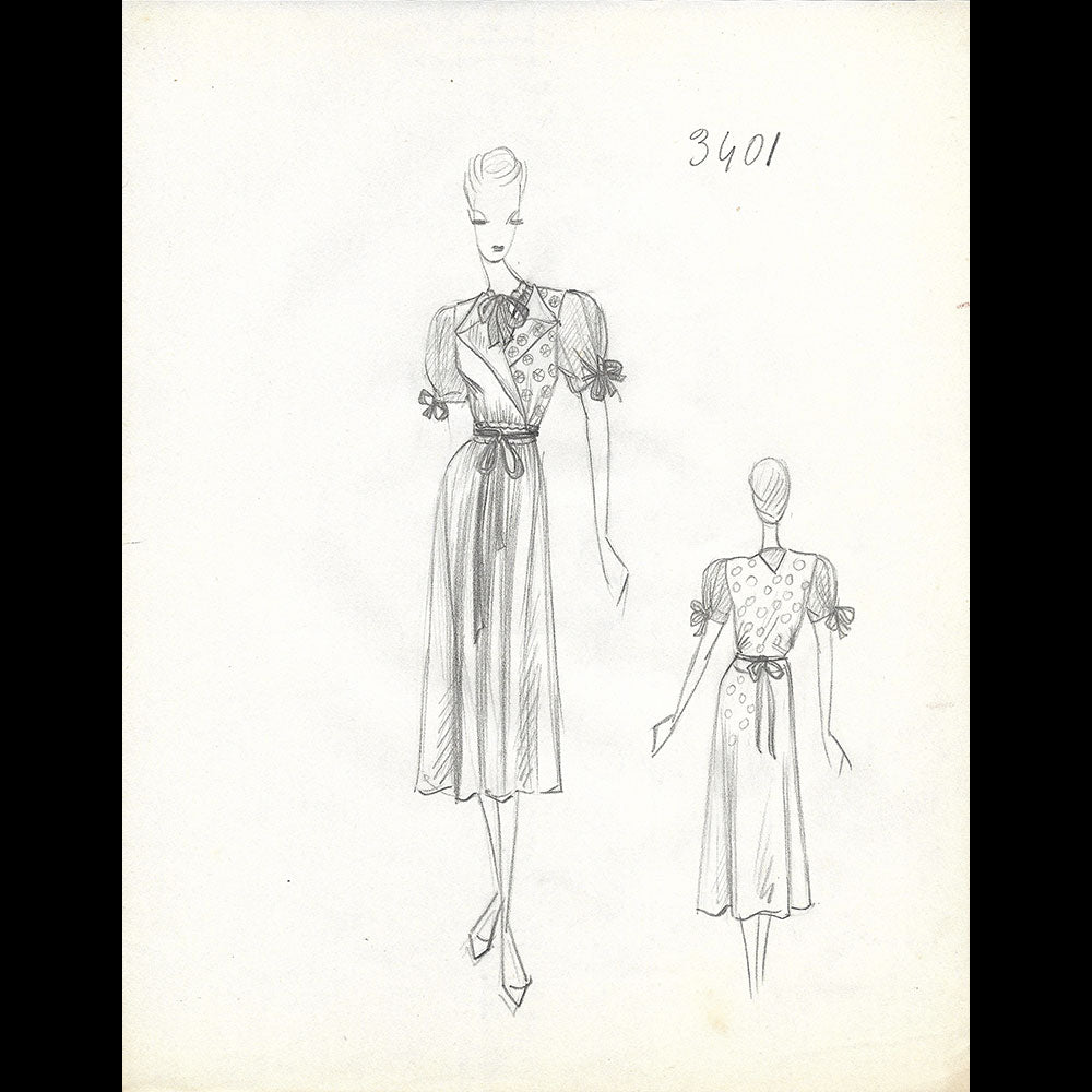 Vionnet - Dessin d'une robe de jour par Blanche Aubert pour l'été 1939