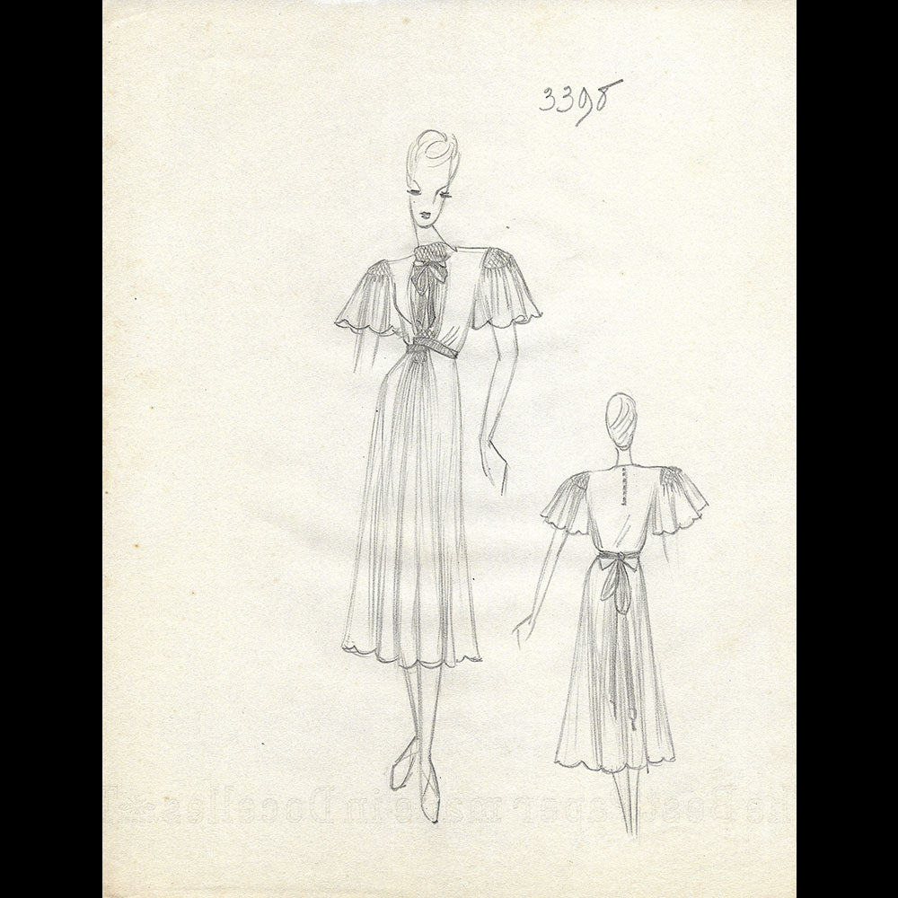 Vionnet - Dessin d'une robe de jour par Blanche Aubert pour l'été 1939