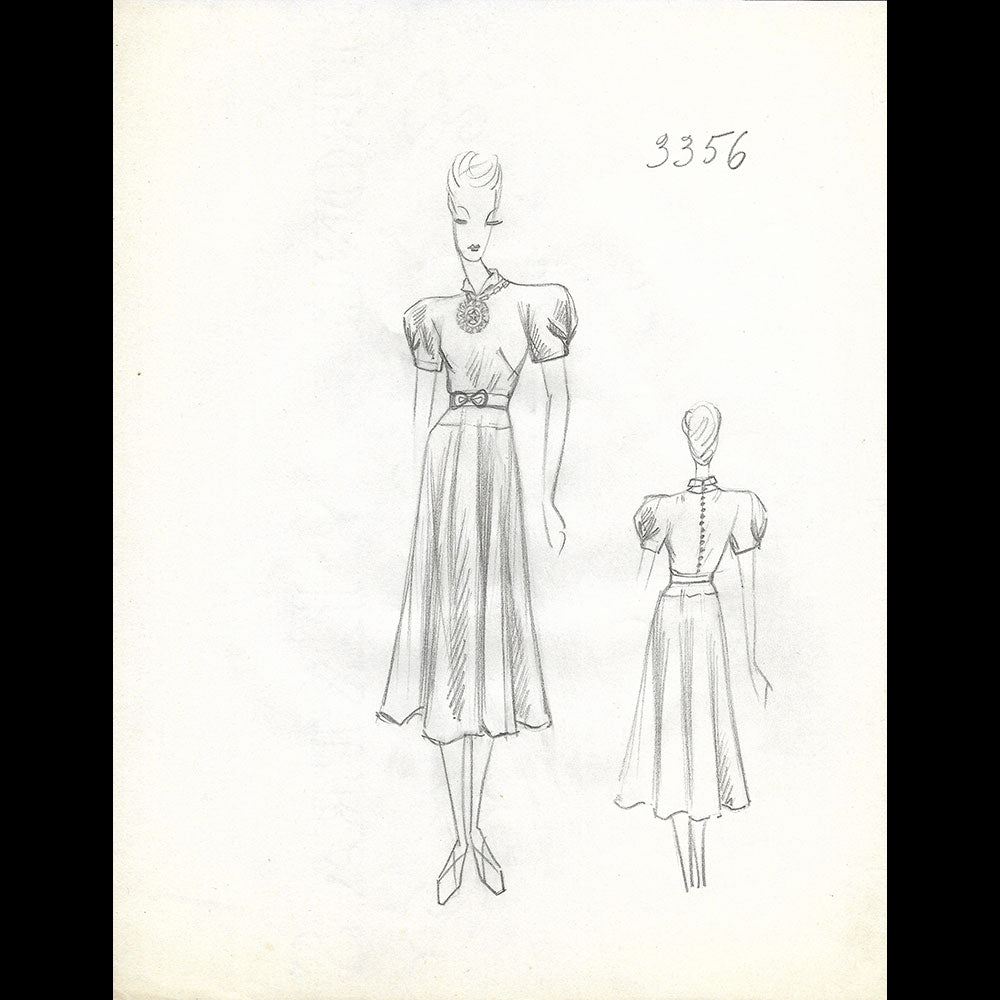 Vionnet - Dessin d'une robe par Blanche Aubert pour l'été 1939