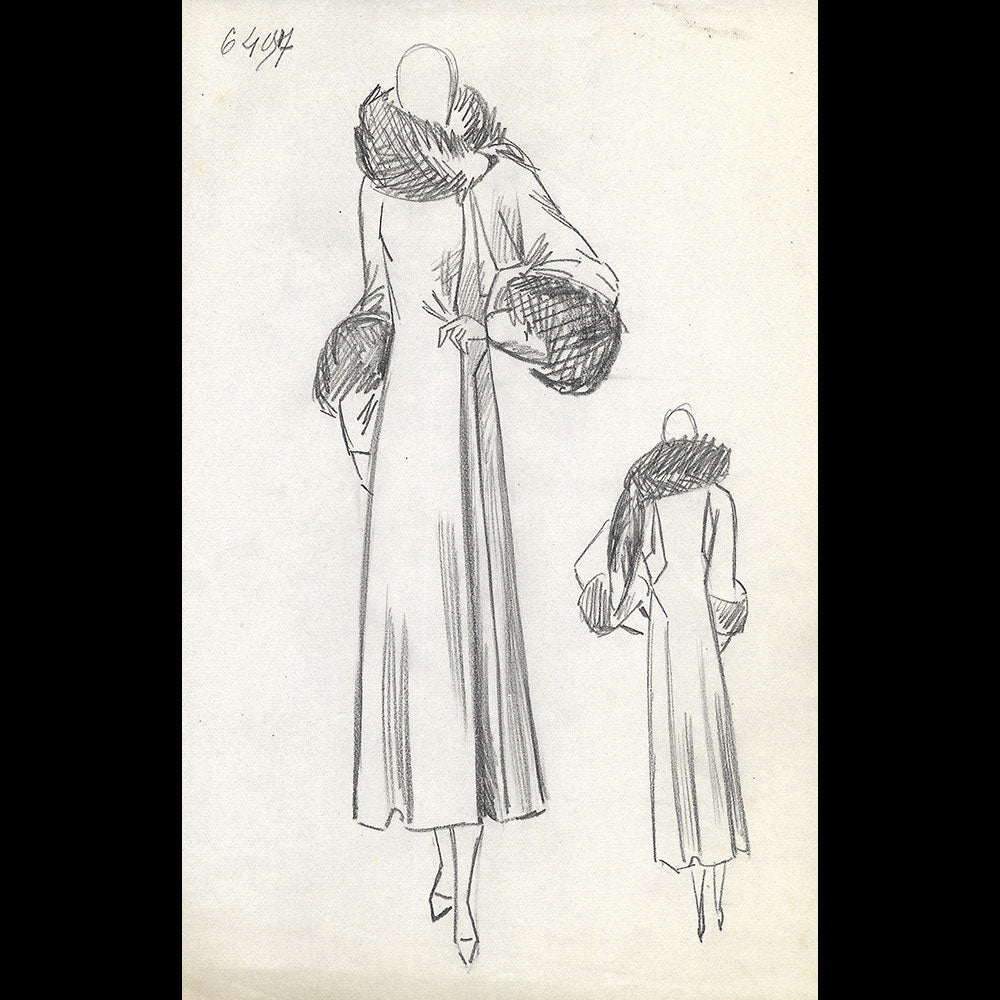 Vionnet - Dessin d'un manteau de laine à col de renard pour l'hiver 1932-1933