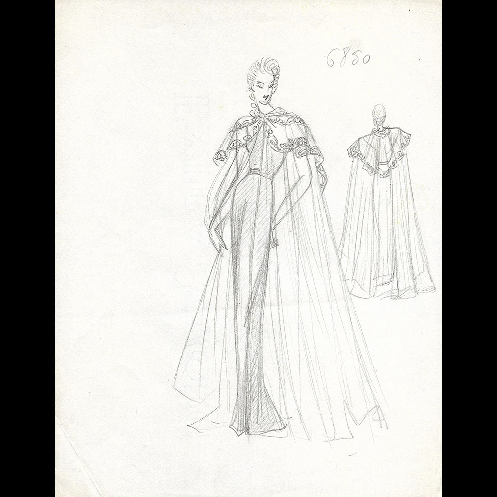 Vionnet - Dessin d'une cape de tulle blanc brodé pour l'été 1939