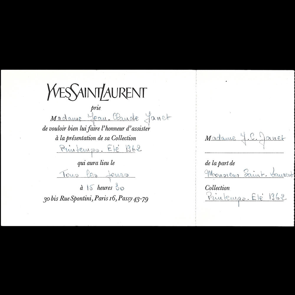 Yves Saint-Laurent - Invitation à la présentation de la première collection Printemps-Eté 1962