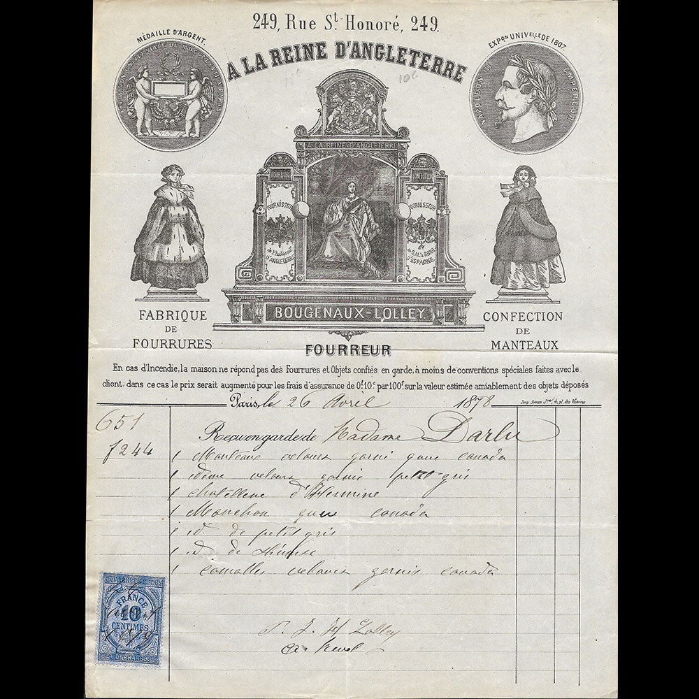 A la Reine d'Angleterre - Facture de la maison de fourrure, 249 rue Saint-Honoré à Paris (1878)