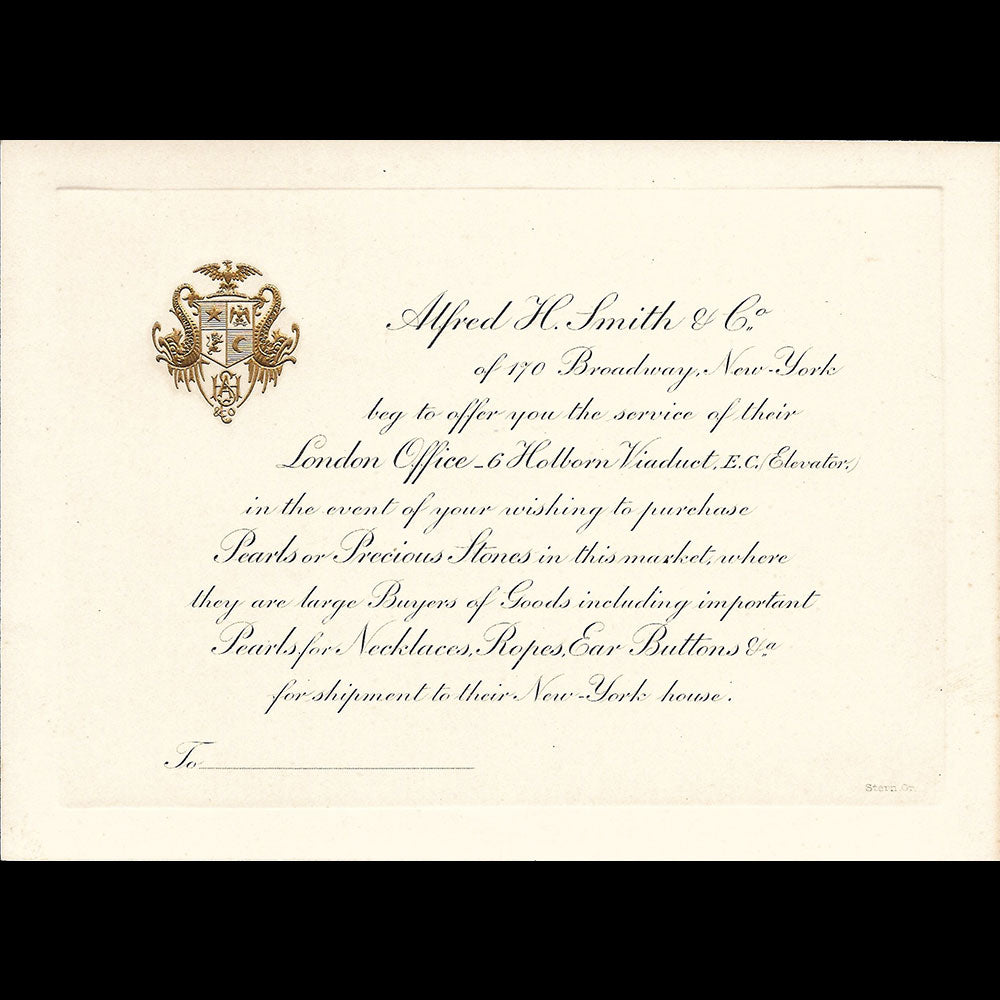 Alfred H. Smith & Co - Carte de la maison de joaillerie, 170 Broadway, New-York (1900s)