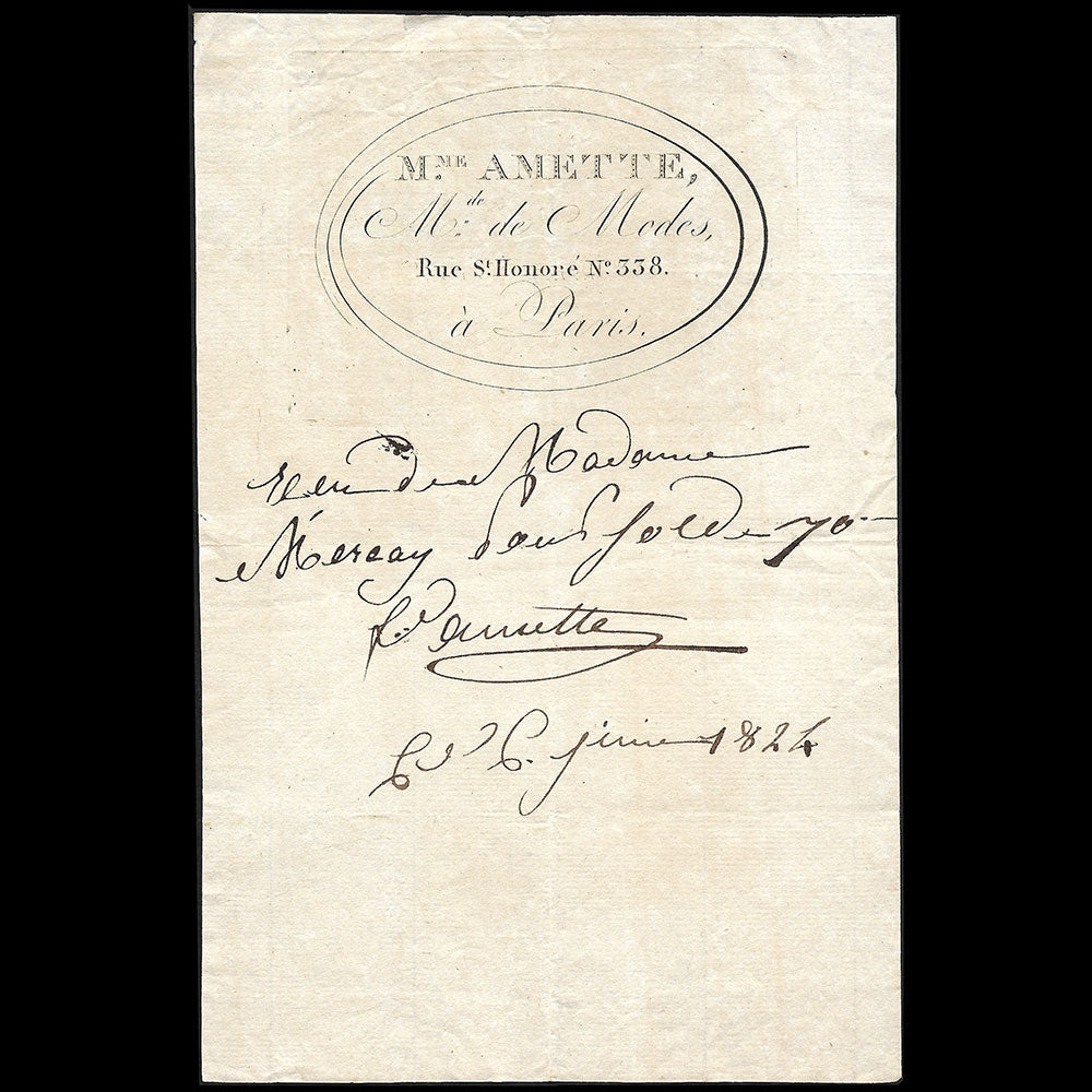 Mme Amette - Facture de la marchande de modes, 338 rue Saint-Honoré à Paris (1824)