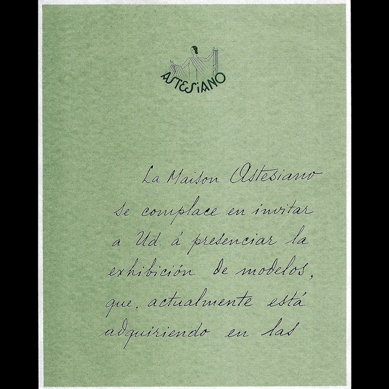 Astesiano - Lettre annonçant la sélection de modèles de Paris (circa 1920s)