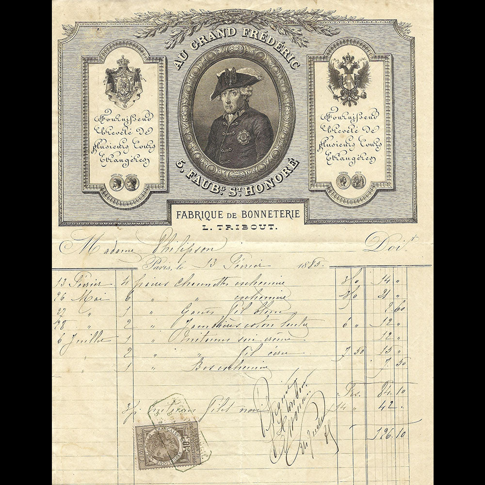Au Grand Frédéric - Facture de la maison de bonneterie, 5 Faubourg Saint-Honoré à Paris (1885)