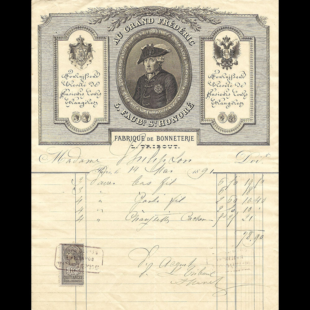 Au Grand Frédéric - Facture de la maison de bonneterie, 5 Faubourg Saint-Honoré à Paris (1891)