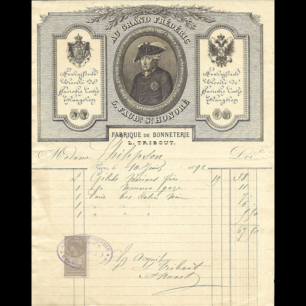 Au Grand Frédéric - Facture de la maison de bonneterie, 5 Faubourg Saint-Honoré à Paris (1892)