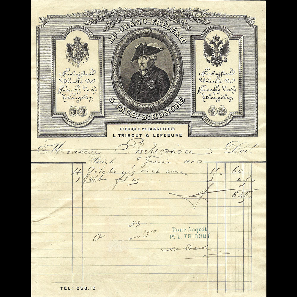 Au Grand Frédéric - Facture de la maison de bonneterie, 5 Faubourg Saint-Honoré à Paris (1910)
