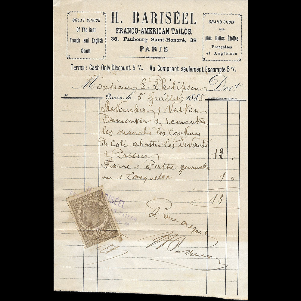 H. Bariseel - Facture du tailleur, 38 Faubourg Saint-Honoré à Paris (1885)