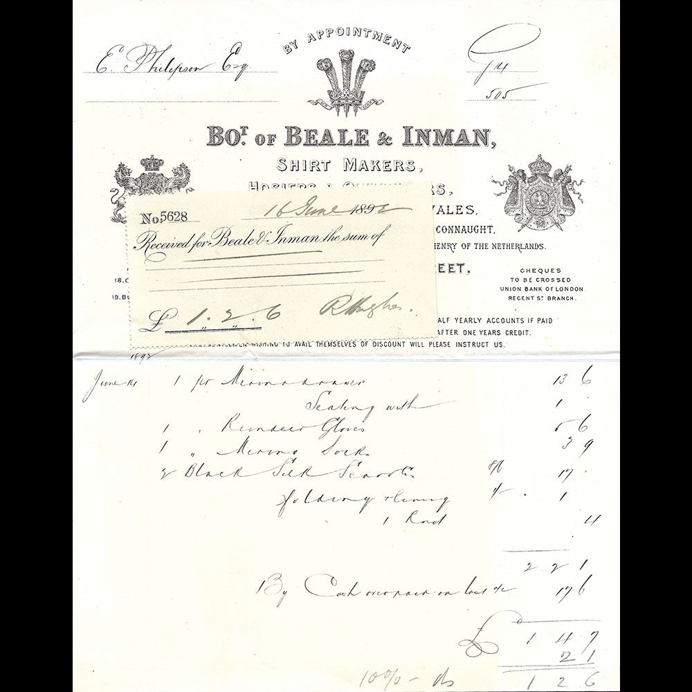 Beale & Inman - Facture du chemisier, 131 & 132 New Bond Street, London (1892)