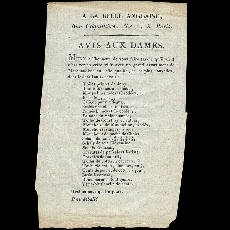 A la Belle Anglaise - Document publicitaire du marchand de tissus rue Coquillière à Paris (1800s)