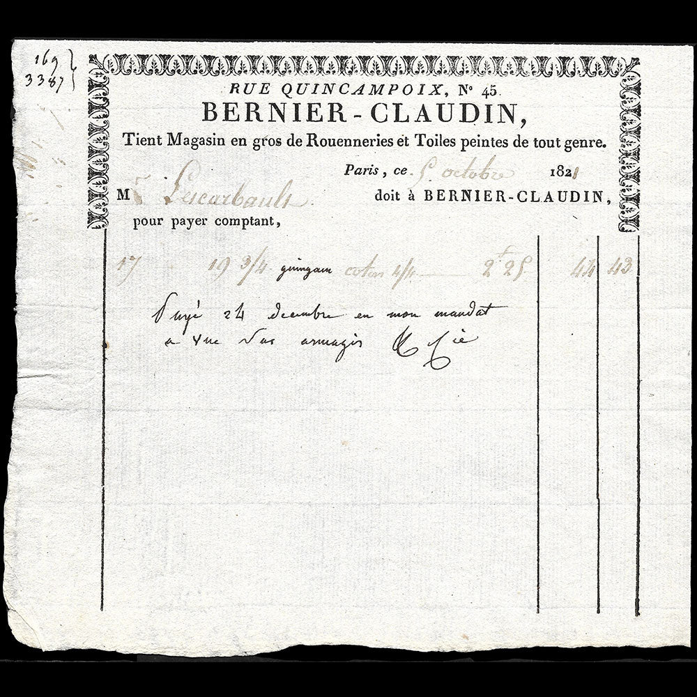 Bernier Claudin - Facture du magasin de Rouenneries, 45 rue Quincampoix à Paris (1821)