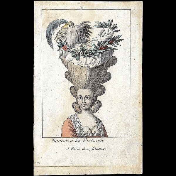 Bonnet à la Victoire, gravure de coiffure (circa 1780)