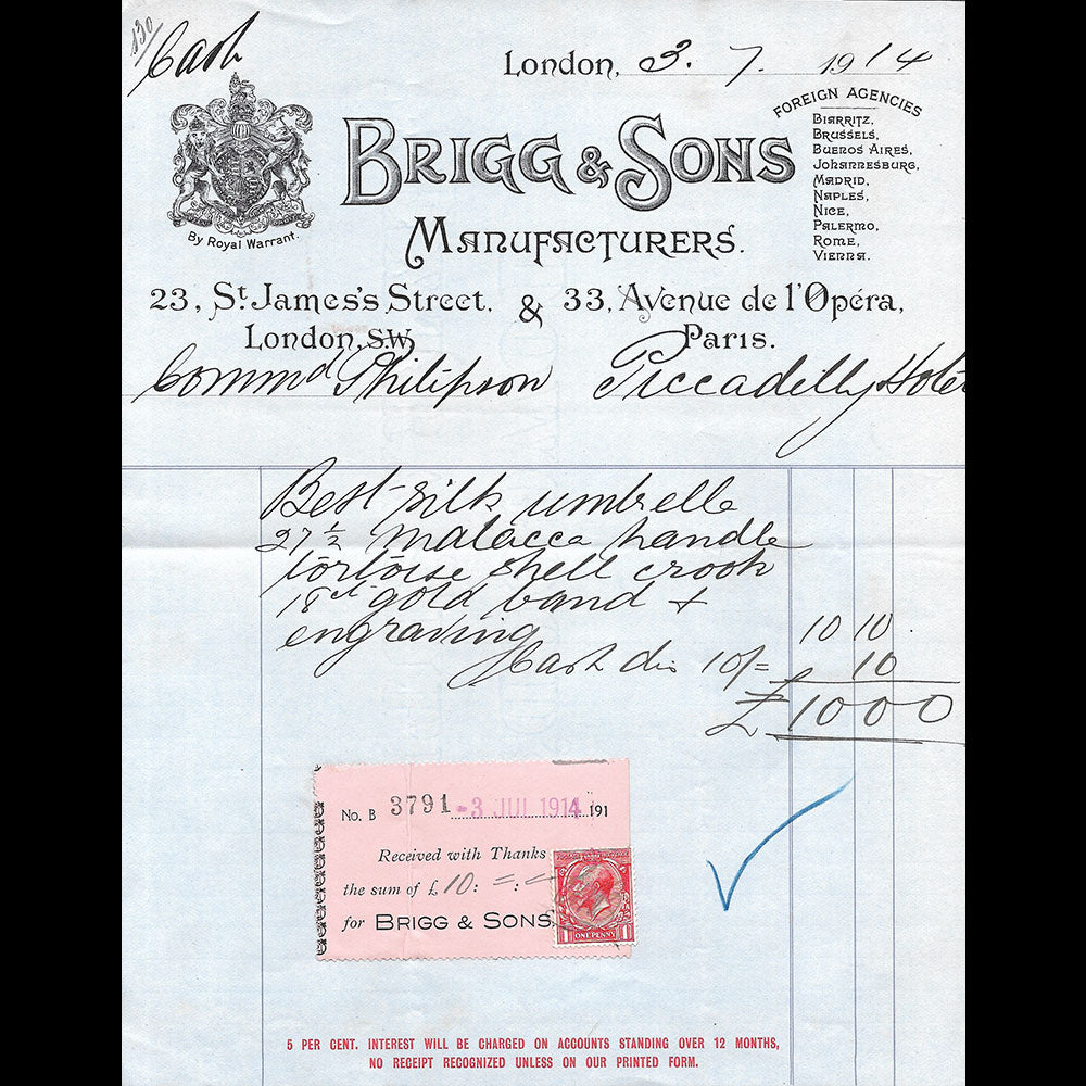 Brigg & Sons - Facture du fabricant de cannes et de parapluies, 23 St James's Street, London (1914)