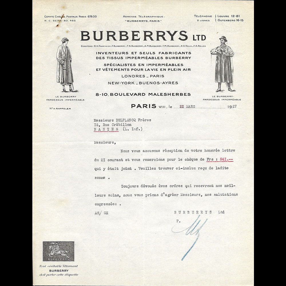 Burberrys - Reçu de la maison spécialiste en imperméables, 8-10 boulevard Malesherbes à Paris (1927)