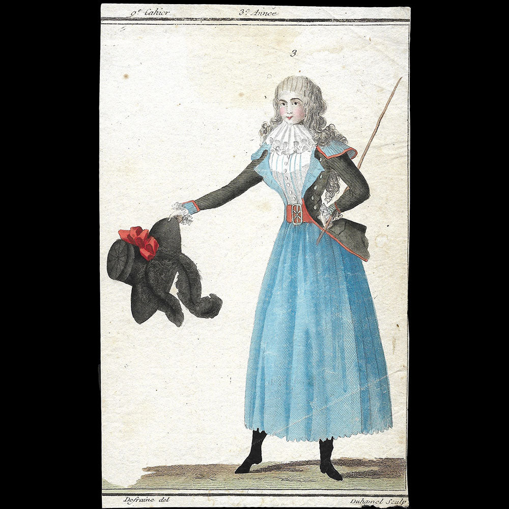 Magasin des Modes Nouvelles Françaises et Anglaises, 3ème figure, 9ème cahier - Jeune anglaise en veste de drap vert-noir (10 février 1788)