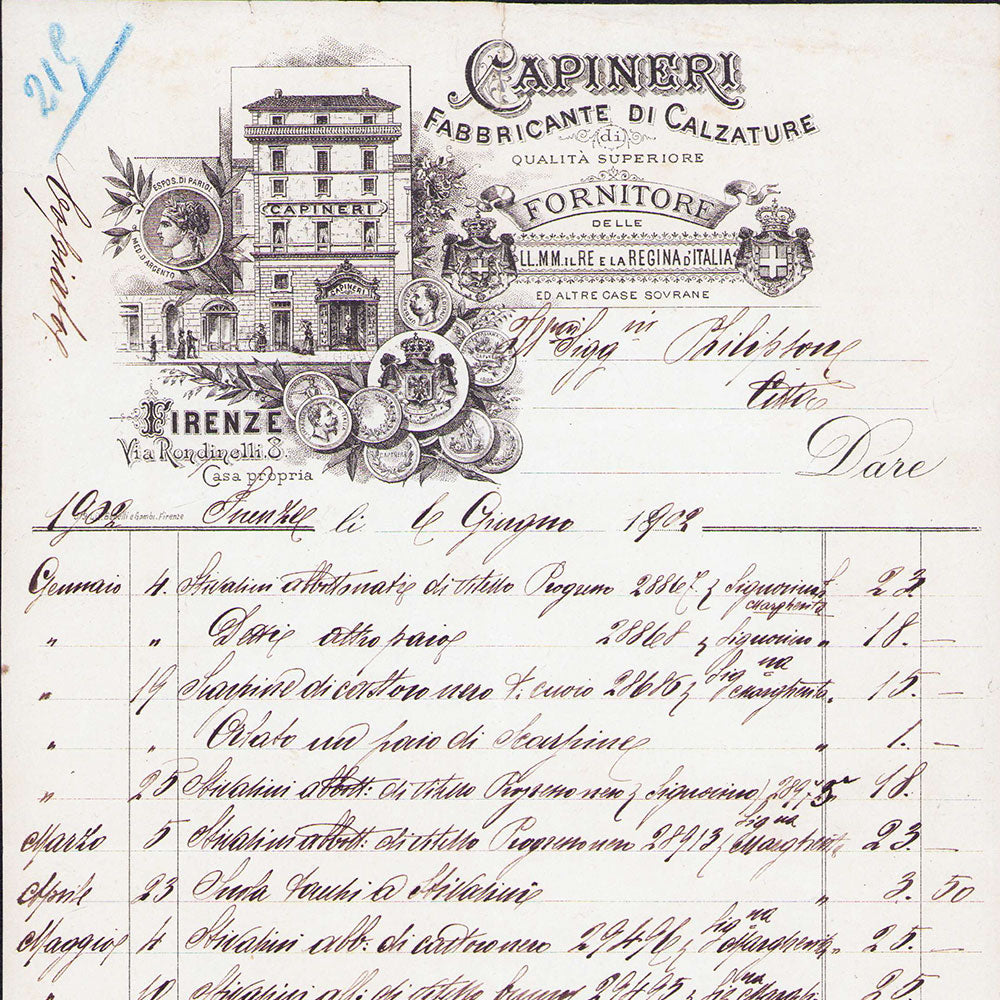 Capinera - Facture de la maison de chapeaux, Via Rondinelli, Firenze (1902)
