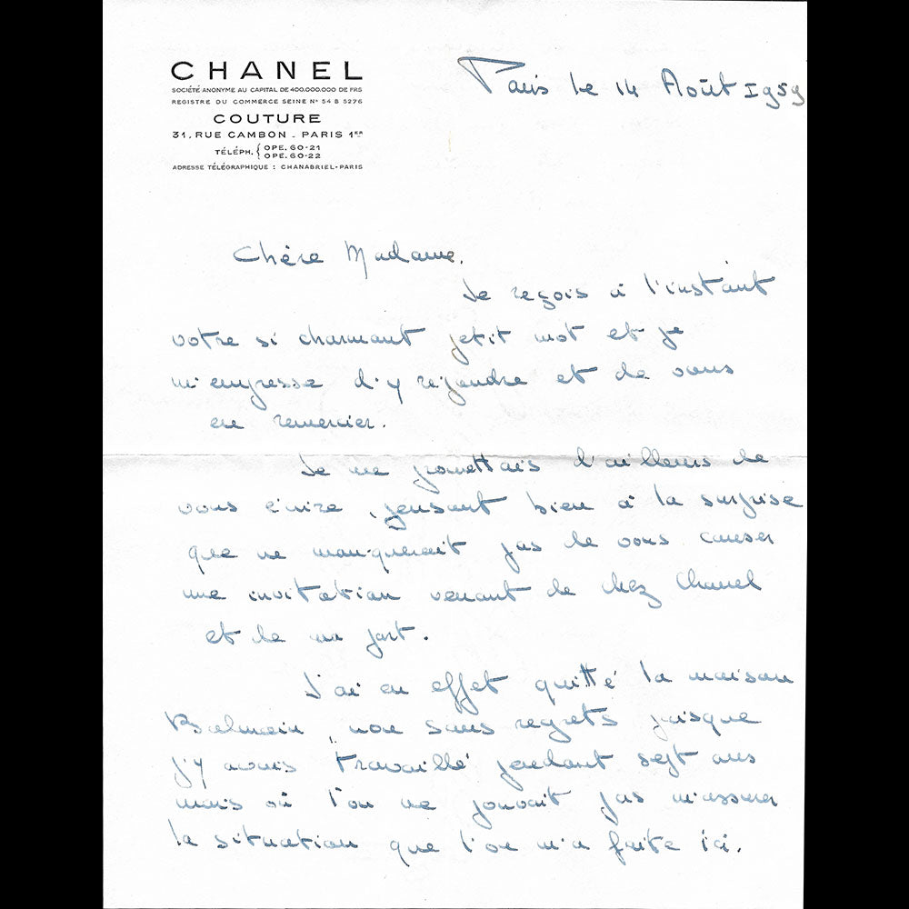 Chanel - Lettre d'une employée de la maison Chanel, 31 rue Cambon à Paris (1959)