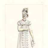 Chapeau de paille, robe brodée à jour - Dessin pour un périodique de mode (1800-1810s)