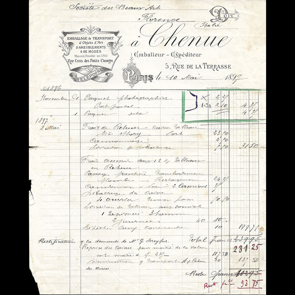 Chenue - Facture de la maison d'emballages et de transport d'objets d'