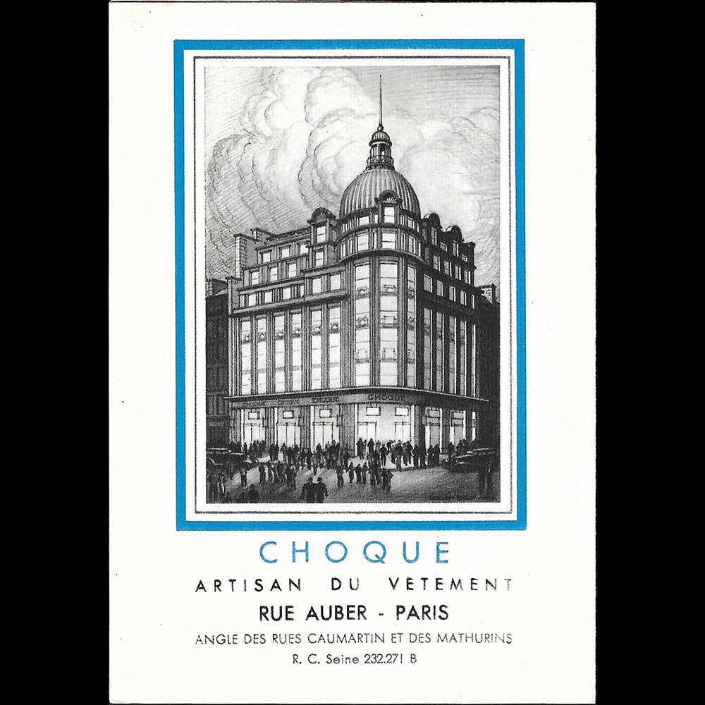 Choque - Le Gris Bleu, carte du magasin, rue Auber à Paris (1936)