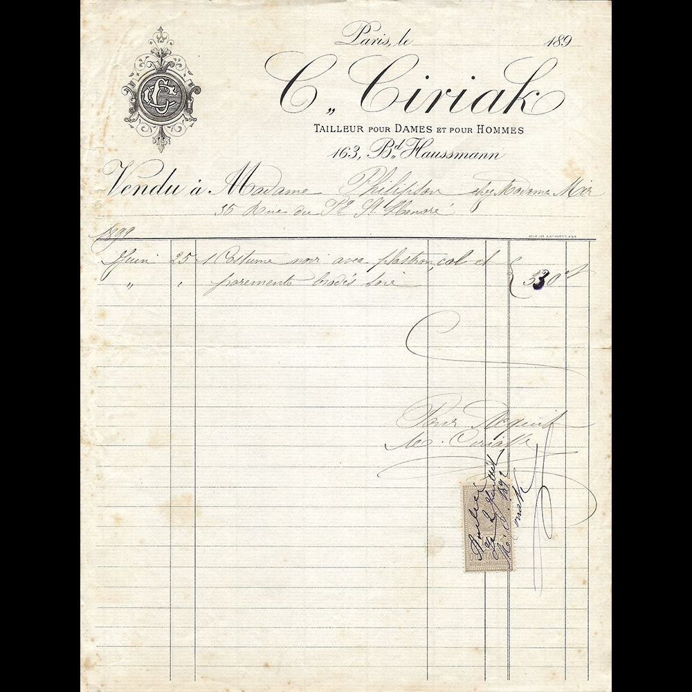 Ciriak - Facture du tailleur, 163 boulevard Haussmann à Paris (1899)