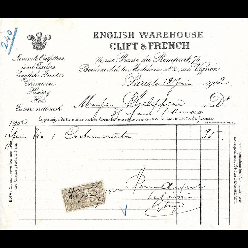 Clift & French - Facture de la maison 74 rue Basse du Rempart à Paris (1902)