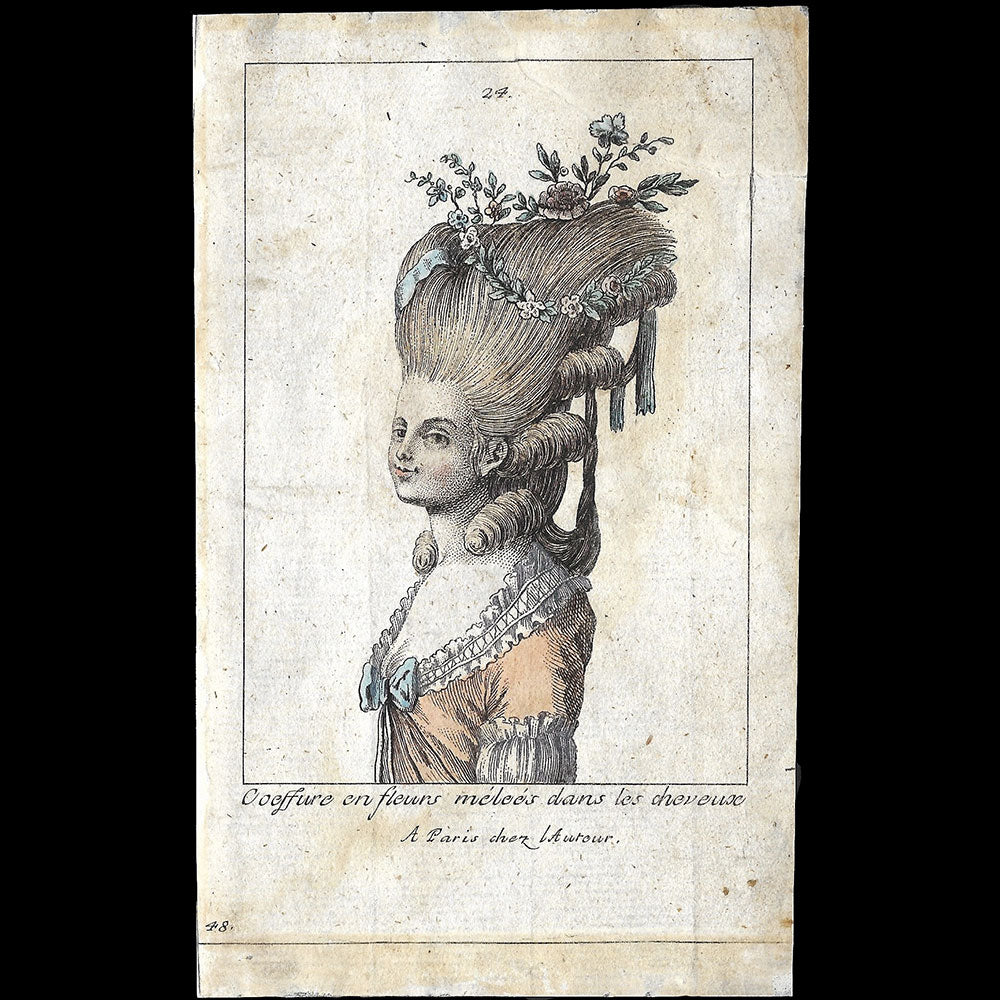 Coeffure en fleurs mêlées dans les cheveux, gravure de coiffure (circa 1780)