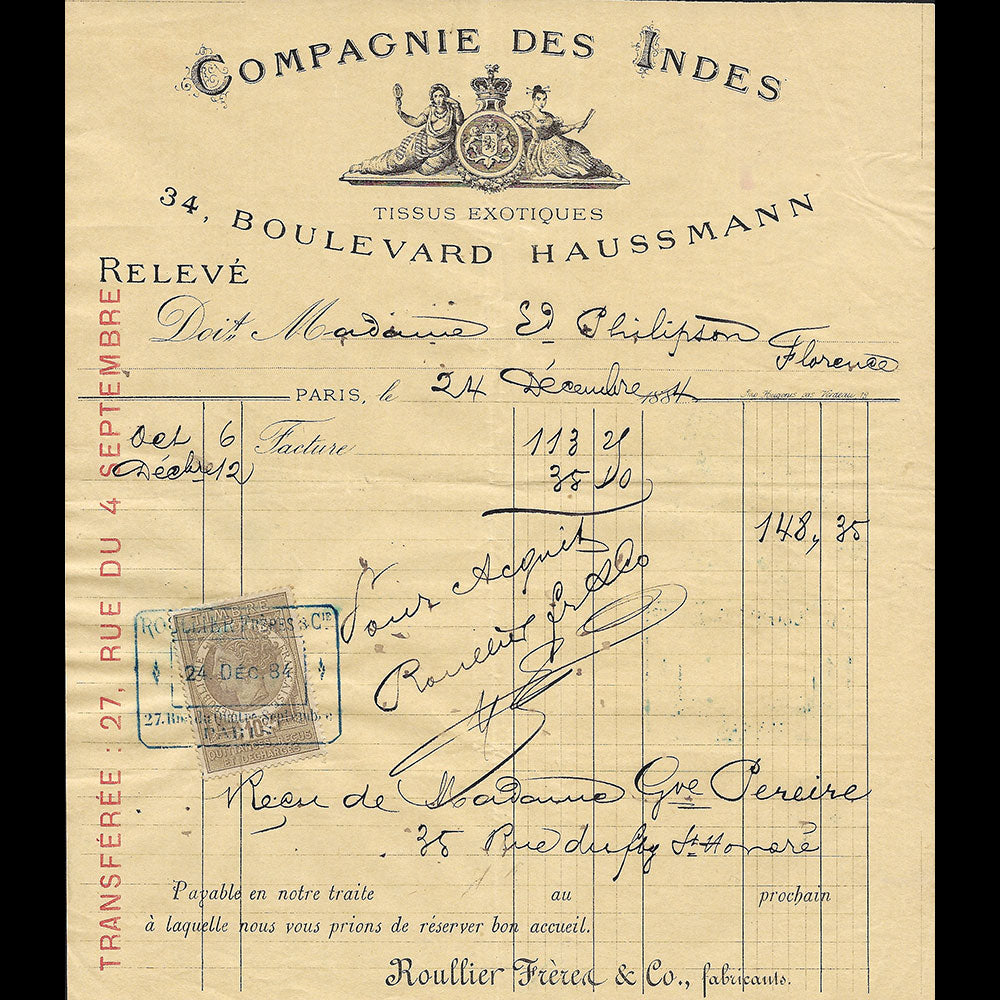 Compagnie des Indes - Facture de la maison de tissus exotiques, 34 boulevard Haussmann à Paris (1884)