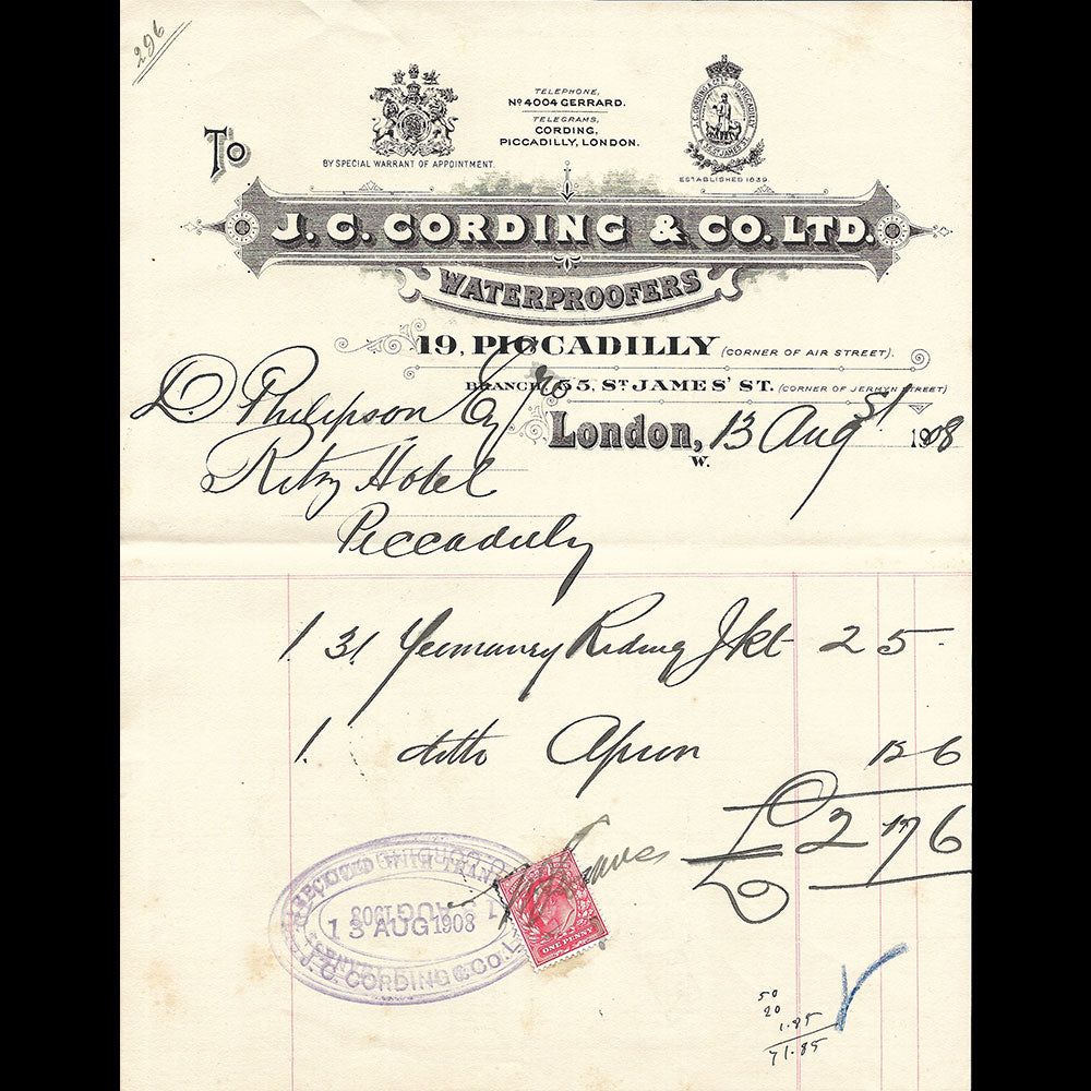 J. C. Cording & Co - Facture de la maison spécialiste en imperméables, 19 Piccadilly, London (1908)