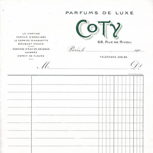 Coty - Facture de la maison de parfums de luxe, 68 Rue de Rivoli à Paris (1900s)