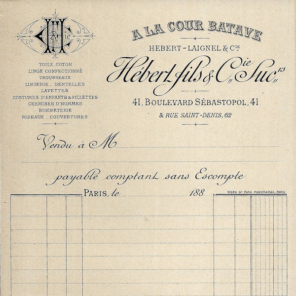 Hebert fils & Cie - Facture de la maison A la Cour Batave, 41 boulevard Sebastopol à Paris (1880s)