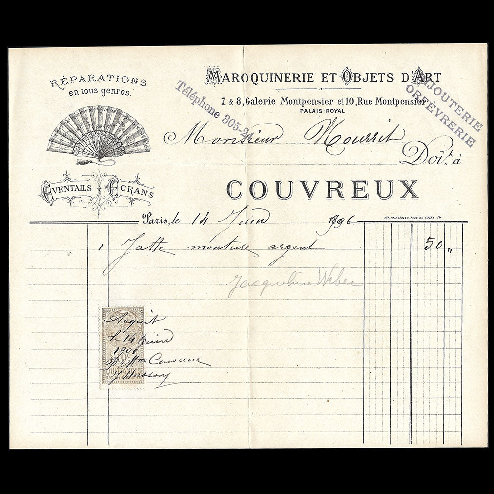 Couvreux - Facture de la maison de maroquinerie et d'objets d'art, 7 & 8 Galerie Montpensier, Palais Royal à Paris (1906)