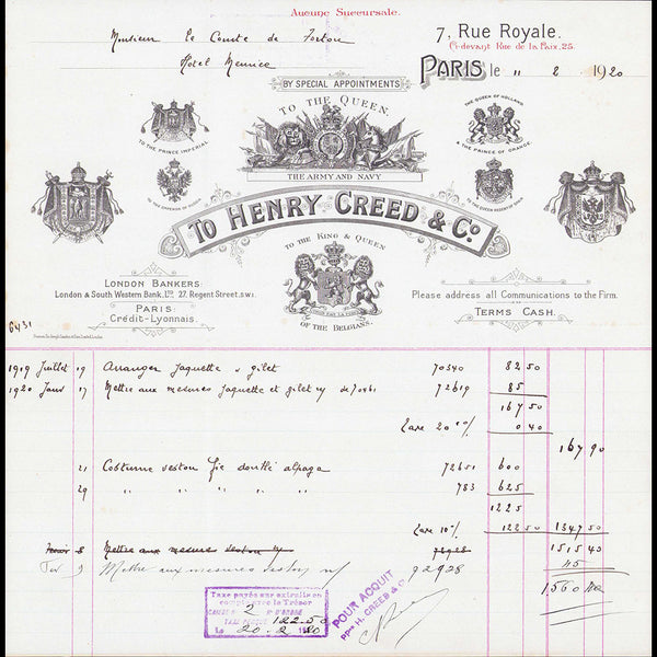 Creed - Facture du tailleur 7 rue Royale à Paris (1920)