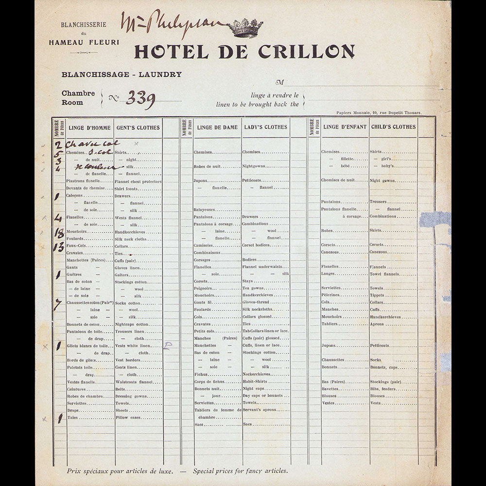 Hôtel de Crillon - Formulaire de blanchisserie, place de la Concorde à Paris (1900s)