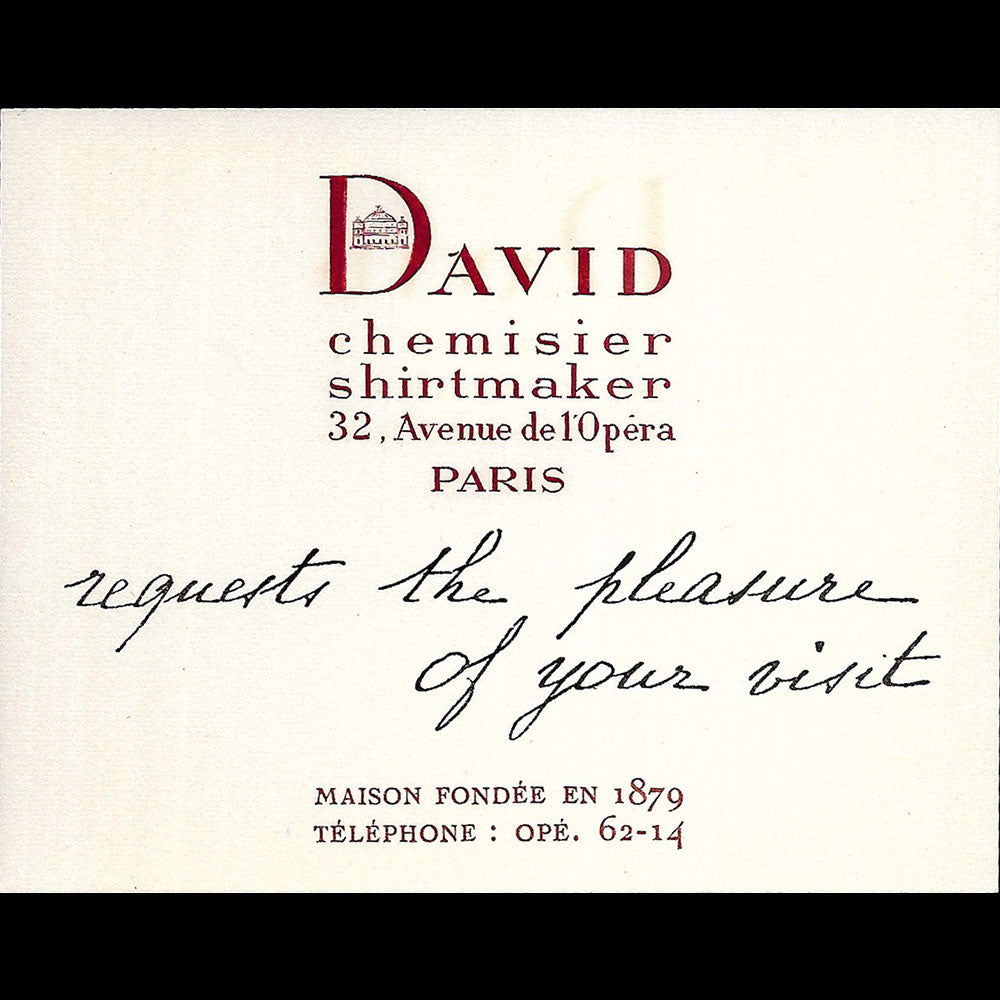 David - Invitation du chemisier - shirtmaker, 32 avenue de l'Opéra à Paris (circa 1920)