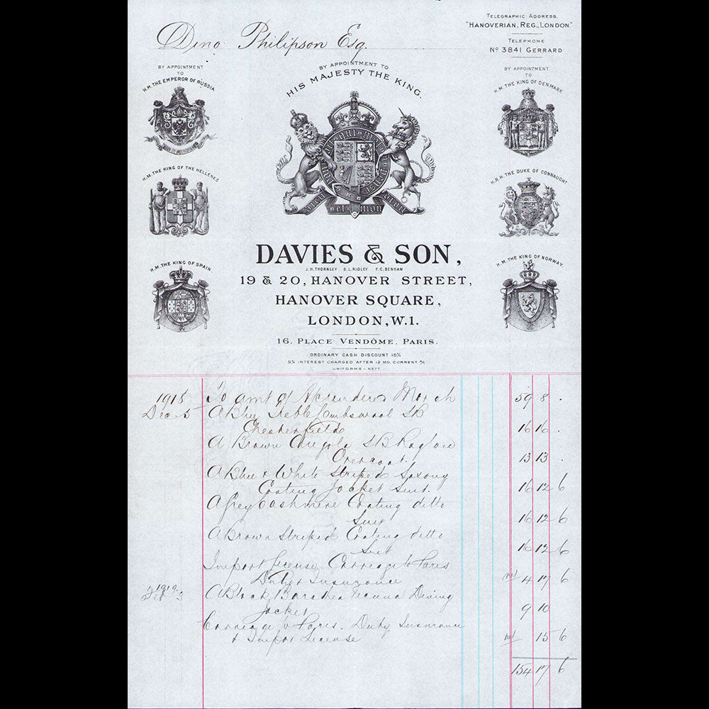 Davies & Sons - Facture du tailleur, 19-20 Hanover Street, London (1919)