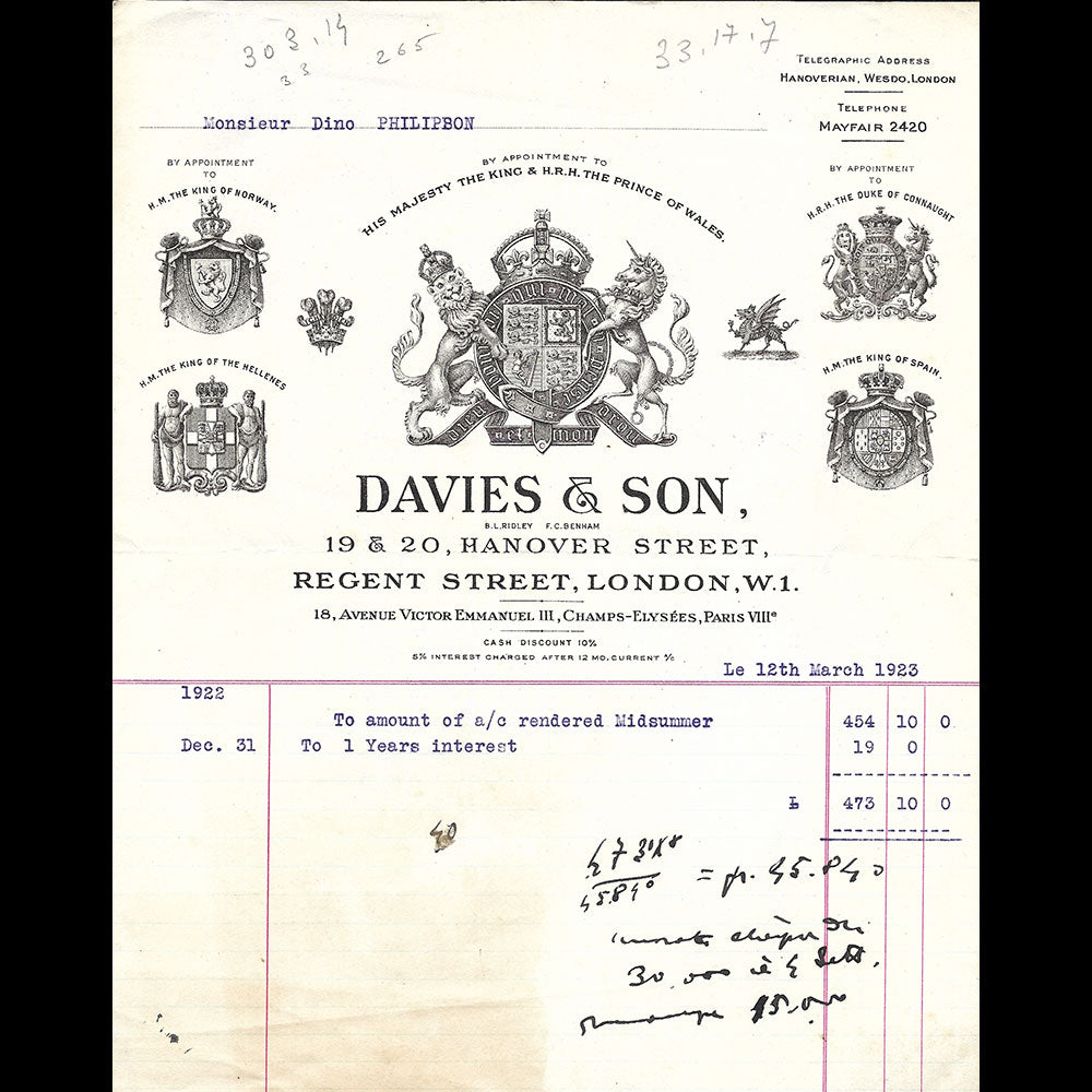 Davies & Sons - Facture du tailleur, 19-20 Hanover Street, London (1923)