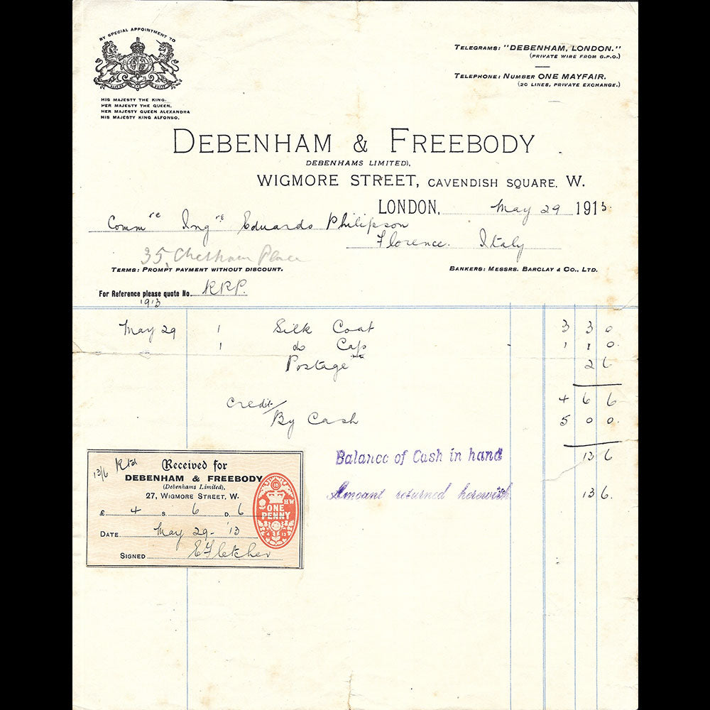 Debenham & Freebody - Facture du magasin, Wigmore Street, London (1913)