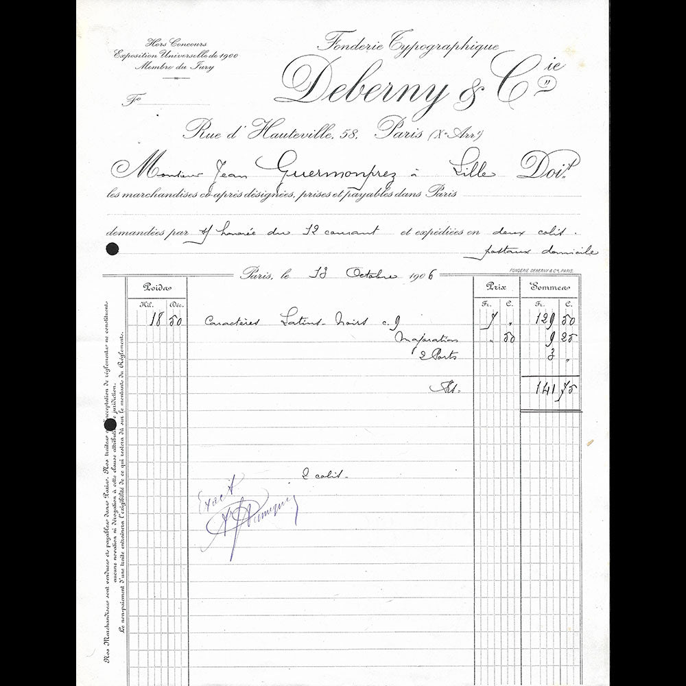Deberny & Cie - Lettre de la fonderie, 58 rue de Hauteville à Paris (1906)