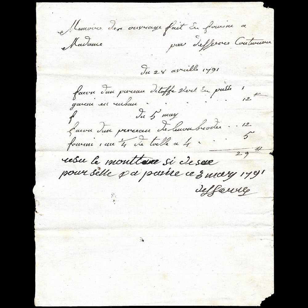 Defferre - Mémoire de la couturière à Paris (1791)