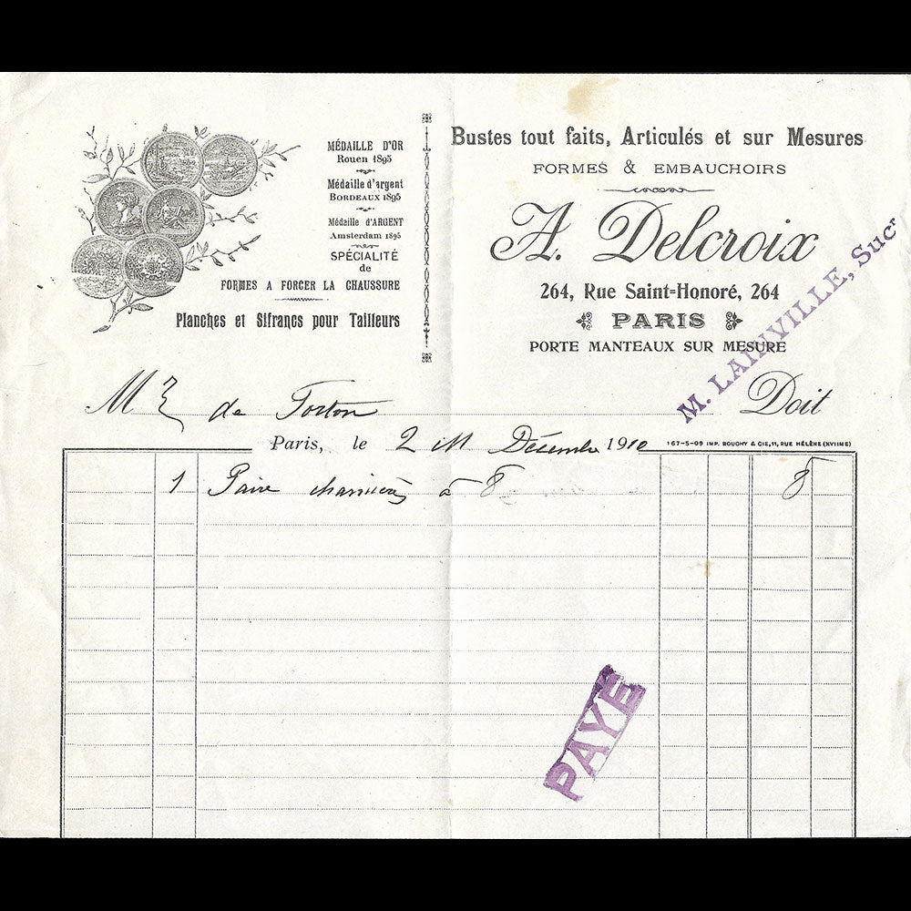 A. Delcroix - Facture de la maison de bustes tout faits, 264 rue Saint-Honoré à Paris (1910)