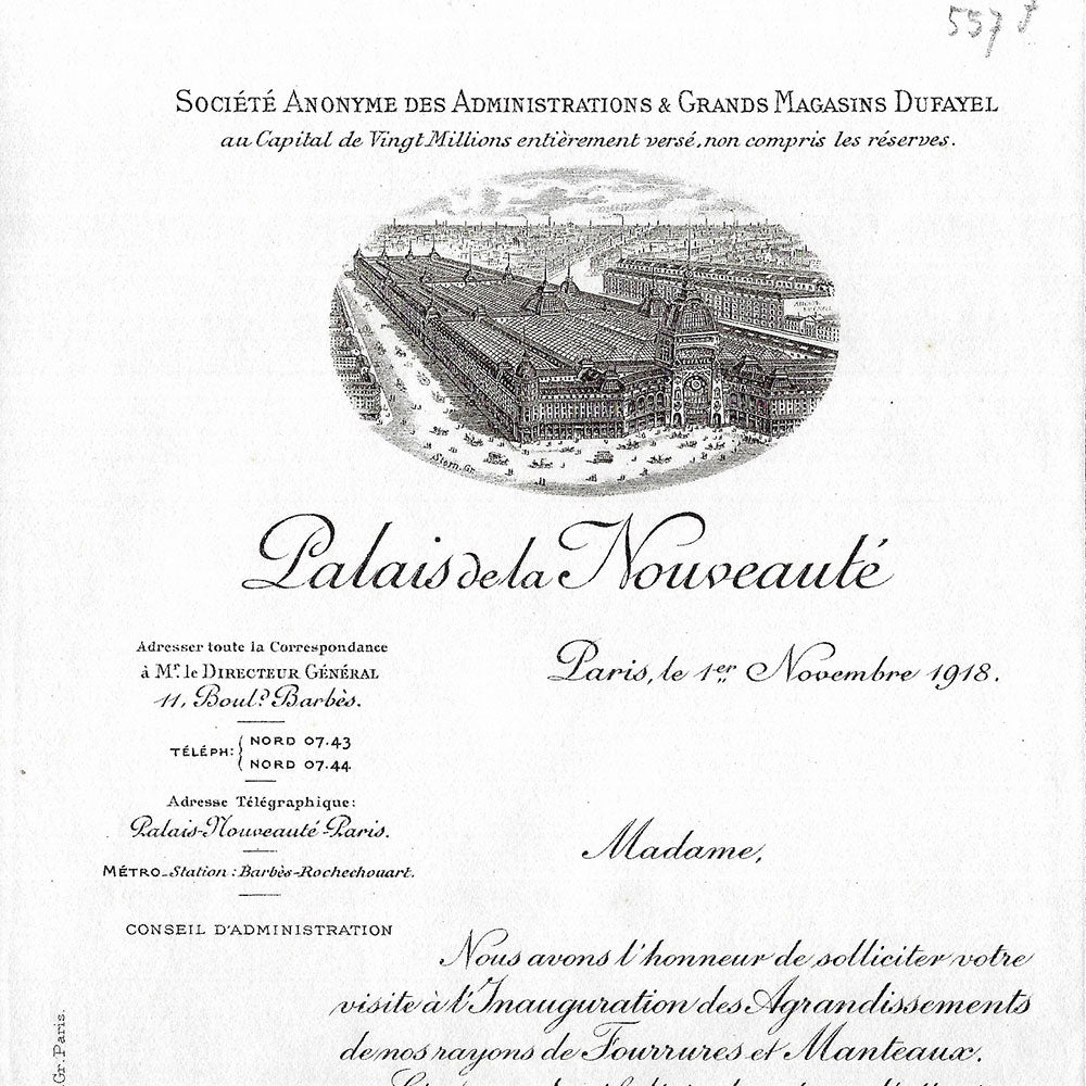Dufayel, Palais de la Nouveauté - Invitation à l'inauguration des agrandissements des rayons Fourrures et Manteaux (1918)